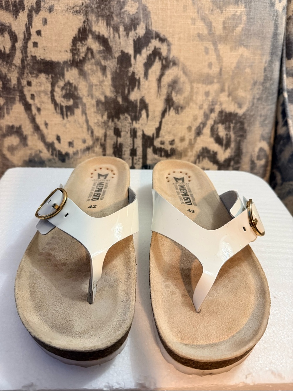 Mephisto White Patent Thong Sandals with Gold Buckle -